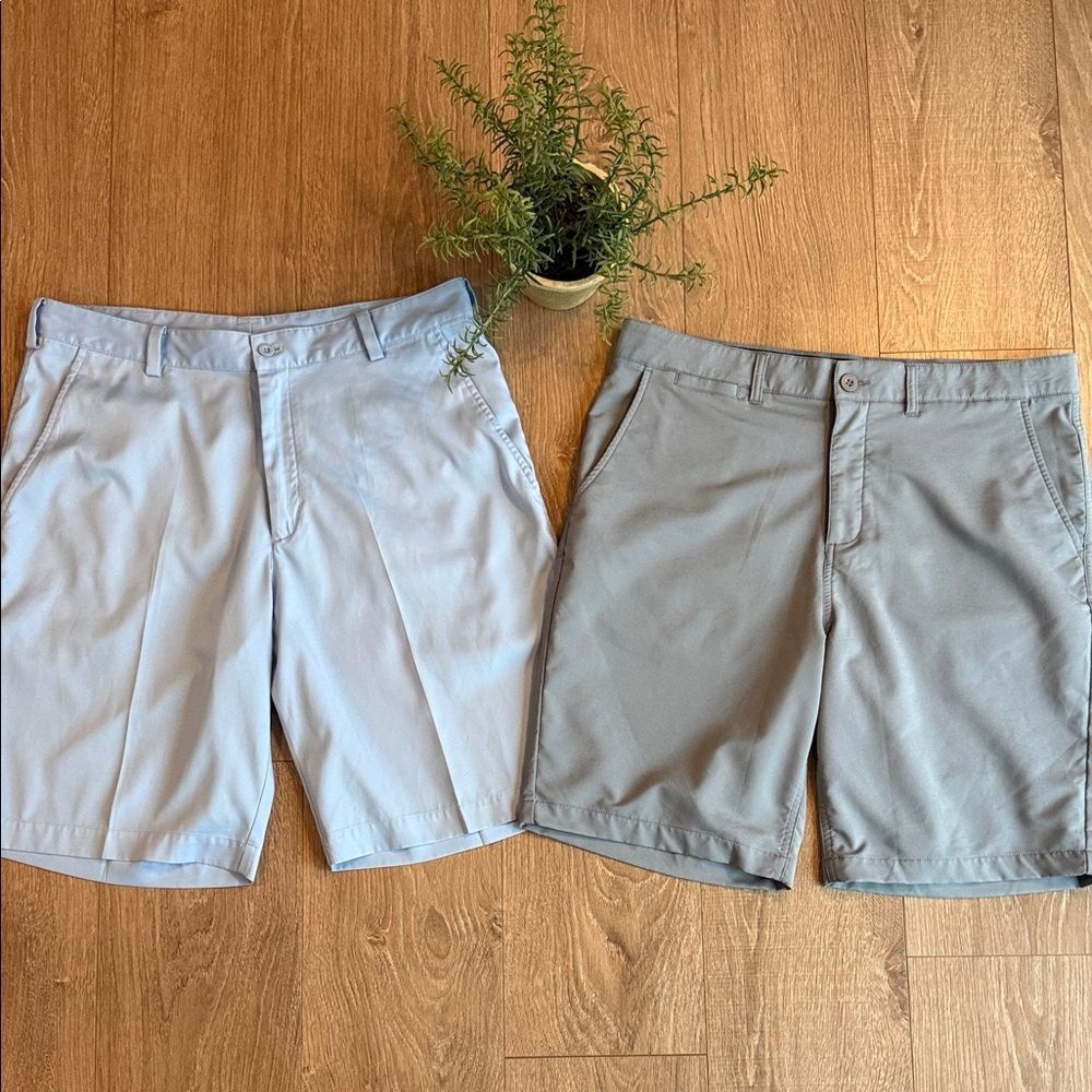 ((2 PIECE)) NIKE AND JOHNNIE-O GOLF STYLE SHORTS SIZE 34 GRAY AND BLUE